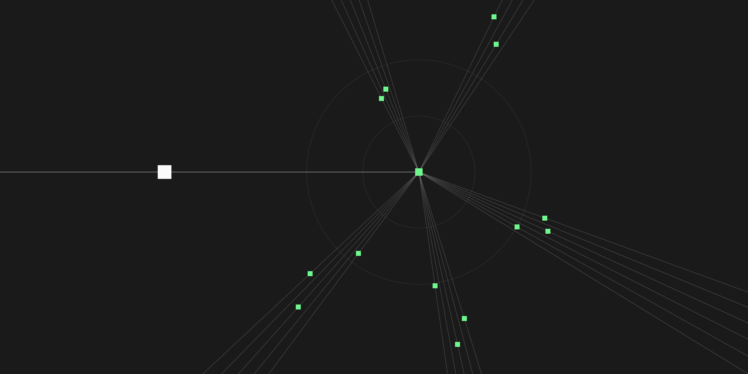 Fine lines fanning out from one point to many square nodes