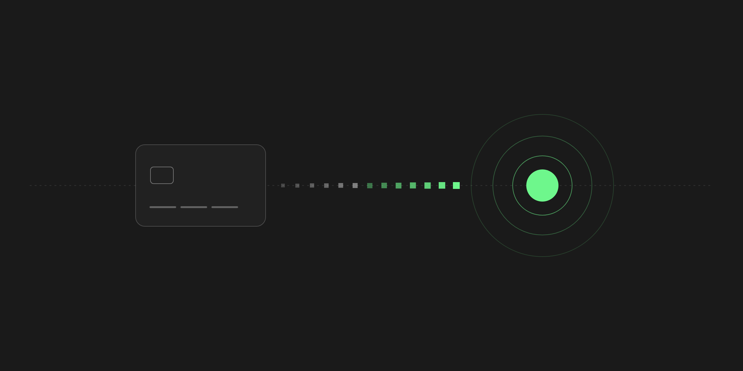 A card on the left and a green coin on the right, joined by a path that turns from gray to green